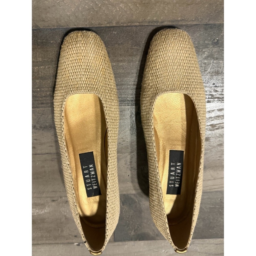 Stuart Weitzman Beige Gold Woven Raffia Style Block Heel Pumps Size 7.5B - Picture 2 of 15